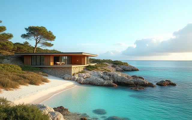 Arquitetura moderna e sustentável integrada a uma paisagem costeira intocada, com vegetação nativa e águas claras.